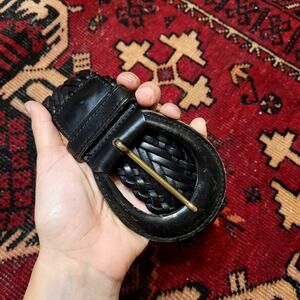 Black Leather Braided Woven Wide Waist Belt Sz S/M